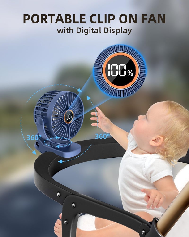 TUNISE Mini Clip on Fan, Battery Operated Desk Fan, Digital display，3 Speeds Adjustable, Bidirectional 360 ° Adjustable, Super strong wind, Portable Fan for Home Office Stroller Camping Blue - Image 2
